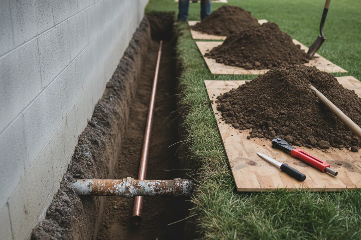 Excavated water line trench during Water Softener Installation in Marana